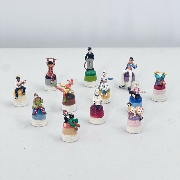 RARE Vintage Hand Painted Metal Clown Thimbles 12 Piece Set Made in England - Picture 1 of 16
